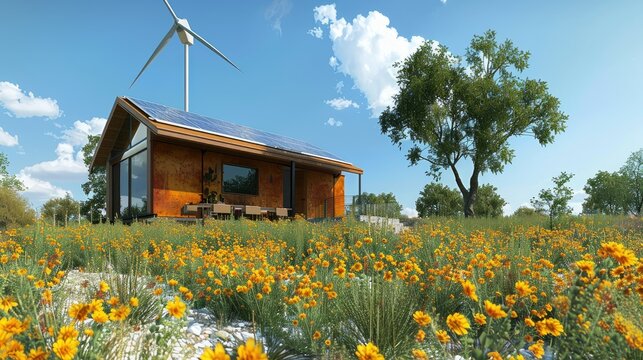 Zero-energy house with a wind turbine and solar array