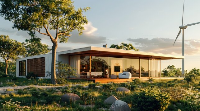 Zero-energy house with a wind turbine and solar array