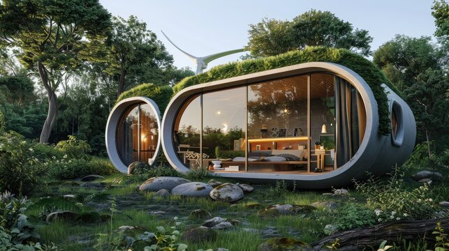 Zero-energy house with a wind turbine and solar array
