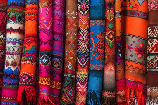 Traditional peruan textiles featuring intricate patterns and bold colors