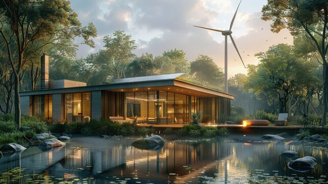 Zero-energy house with a wind turbine and solar array