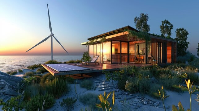 Zero-energy house with a wind turbine and solar array
