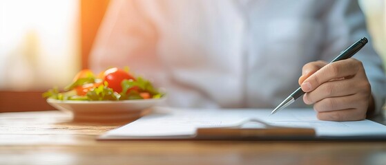 Obraz premium Person handwriting notes at a wooden desk with a bright light and a healthy salad bowl in the foreground. Concept of a productive workspace.