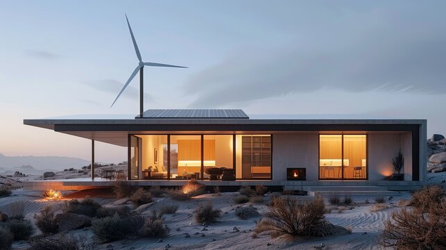 Zero-energy house with a wind turbine and solar array