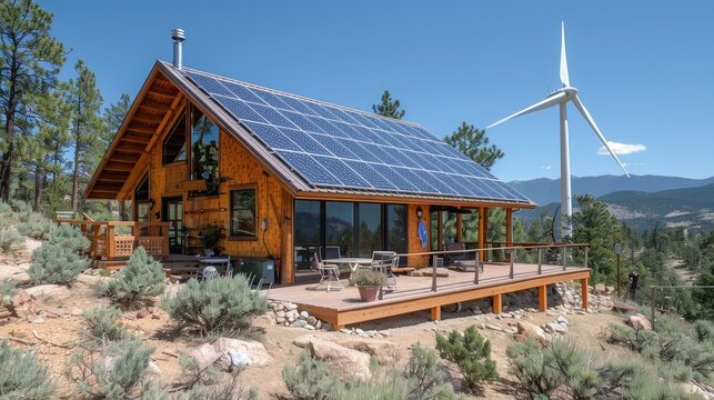 Zero-energy house with a wind turbine and solar array