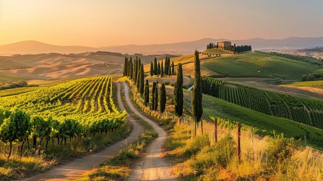 A winding road through vineyards in Tuscany, Italy, with rolling hills and cypress trees.