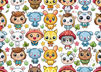 This seamless pattern features cute cartoon animals and flowers on a white background. Generative AI