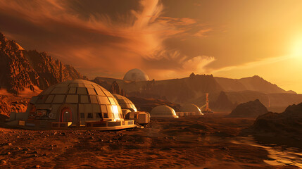 A space city or station with an expedition on the surface of Mars or  unknown planet. AI Generated