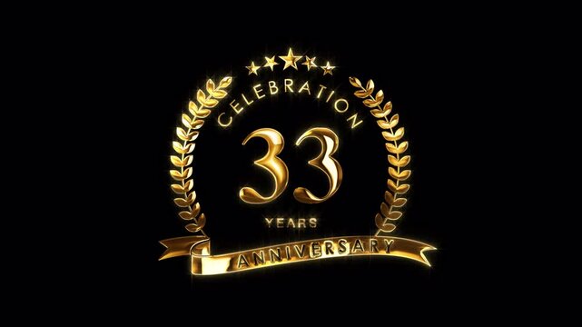 Luxurious 33rd Anniversary Celebration. Golden 33 Years Anniversary Animation in Gold Color on the Transparent Background, Alpha Channel. Great for greetings, celebrations, events, and gifts.