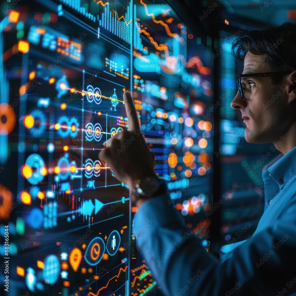 Poster a man wearing glasses interacts with a digital screen filled with data visualizations