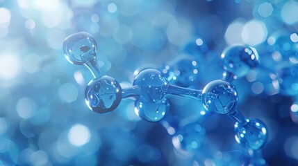 A close-up image of a blue molecular structure against a blurry background of blue and white light