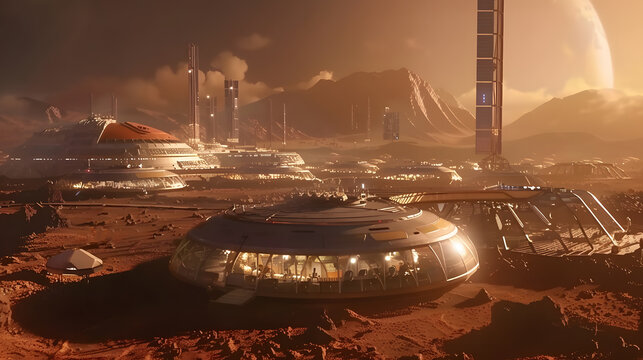 A space city or station with an expedition on the surface of Mars or  unknown planet. AI Generated