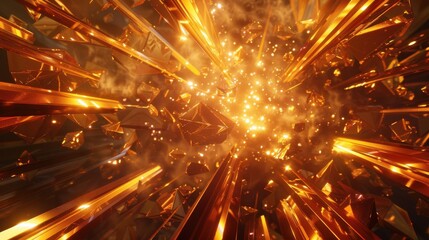 3d rendering of glowing golden rays and crystal light effects background.