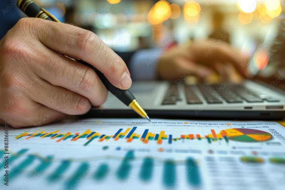 Poster a hand points at a bar graph on a printed spreadsheet, with a laptop and a blurred background