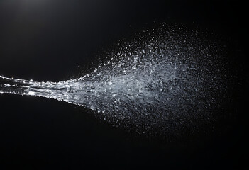 A jet of water spraying against a black background, creating a misty effect. Ideal for showcasing cleaning products, water conservation, or refreshing concepts.