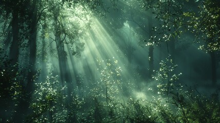 a misty morning in a dense forest, with sunlight filtering through the trees and creating beams of light