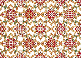Fototapeta premium A seamless pattern of red and black floral and geometric elements on a black background. Generative AI
