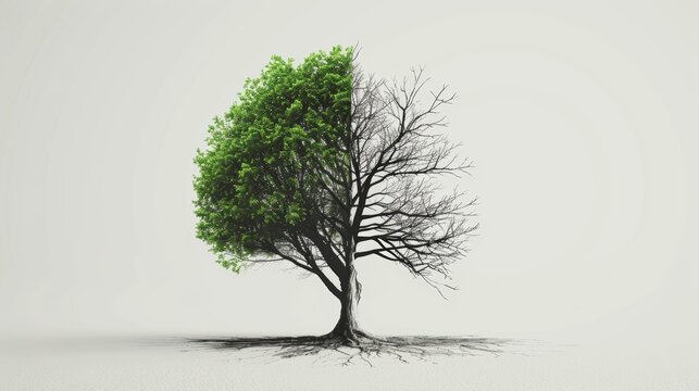 half of a tree with green leaves and the other without leaves