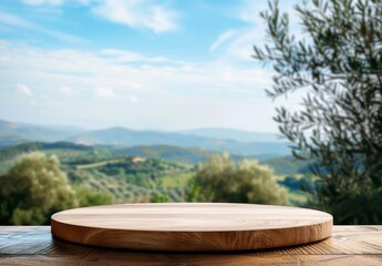 Obraz premium Summer wooden old rustic display place for copyspace product. Empty board tabletop for ads. Advertise mock up decoration. Province mockup desktop with italian country background.