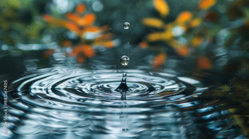 Poster close-up of a water droplet splashing into a crystal-clear pond, creating ripples on the surface.