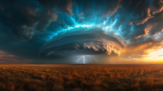 a supercell thunderstorm over a flat prairie, with a rotating cloud structure and intense lightning strikes