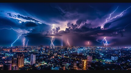 Fototapeta premium a thunderstorm over a cityscape at nigh