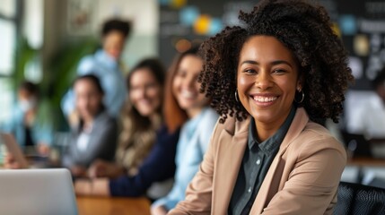 Obraz premium Happy woman, portrait and laptop with team for company