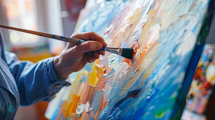 Artist Hand Holding Paint Brush Creating Abstract Colorful Oil Painting On Canvas In Bright Studio During The Day Close Up