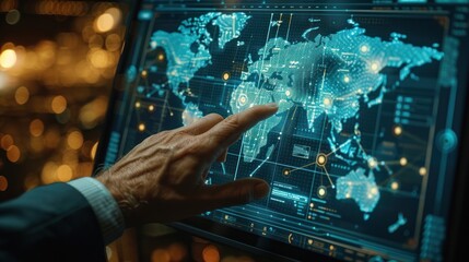 A man in a suit points at a digital world map on a computer screen