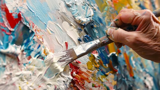 Close-up of an artist's hand holding a palette knife, spreading thick acrylic paint on a textured surface.