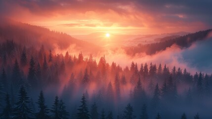 Obraz premium a dense fog rolling over a mountain valley at dawn