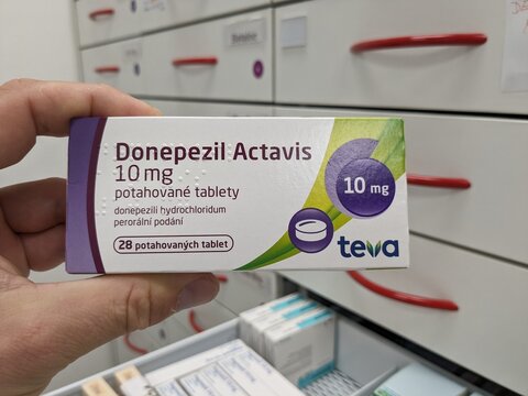 Prague, Czech Republic - July 10 2024: DONEPEZIL ACTAVIS box of medication with DONEPEZIL active substance by ACTAVIS, used for treatment of Alzheimer's disease and dementia.

