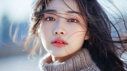 Fototapeta premium Beautiful Asian Woman with Long Black Hair Flowing in the Wind Portrait Winter Fashion Close Up
