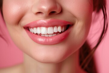 Fototapeta premium A close-up of a woman smiling, showcasing her bright white teeth and pink lips
