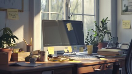 Messy Desk with Computer and Plants.