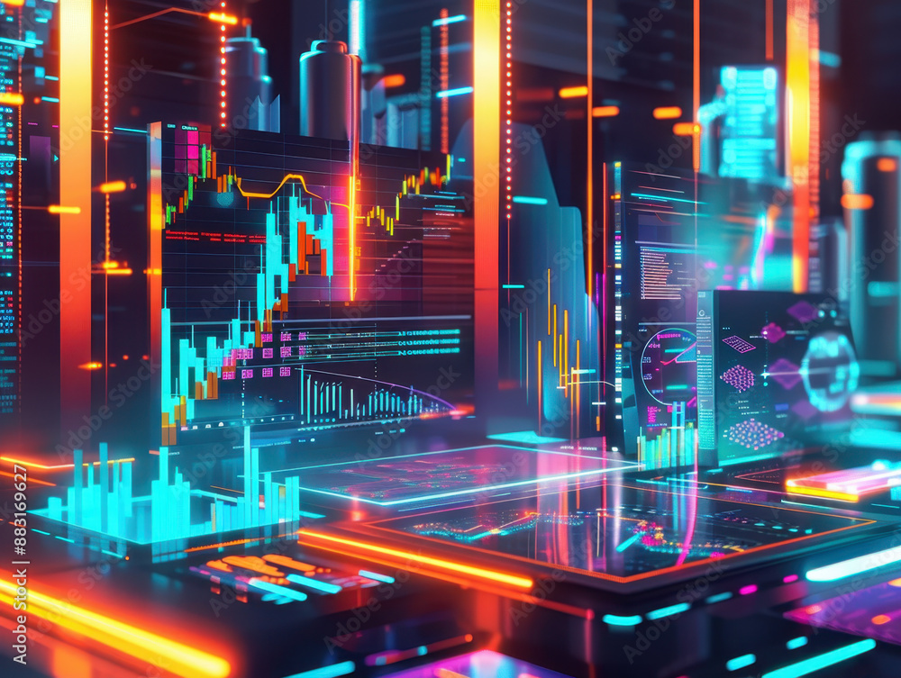 Aufkleber futuristic financial technology display with charts, graphs, and data visualizations in a colorful n
