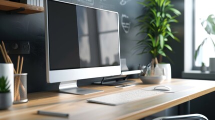 Modern Home Office Desk with Computer and Plant.