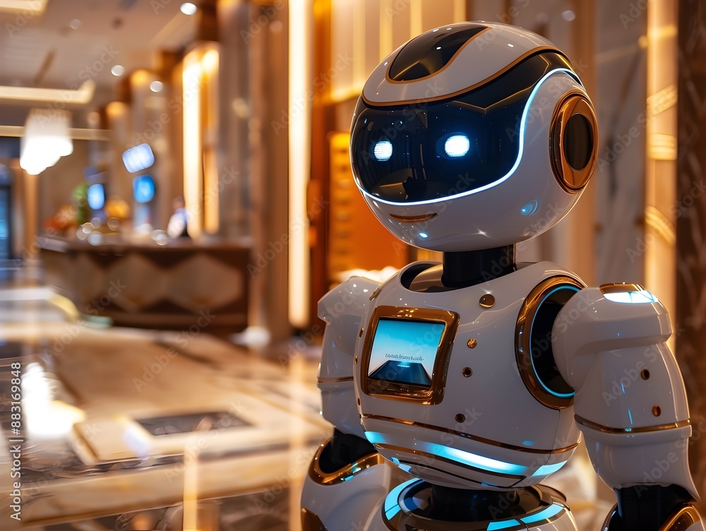 Poster ai powered concierge robot assisting guests in hotel lobby with check in and local information