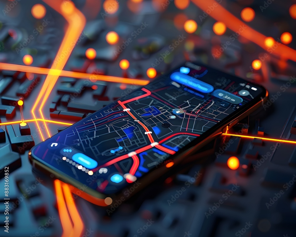 Poster advanced navigation app with directions traffic updates and local recommendations on smartphone
