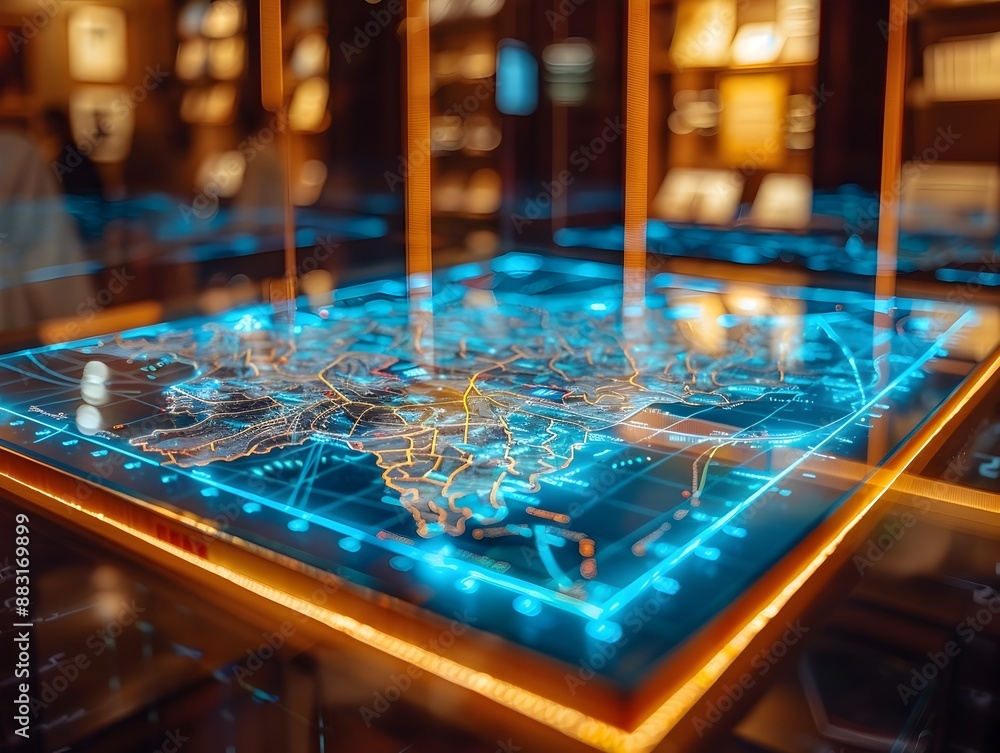 Poster interactive holographic map displaying local travel insights and directions in a tourist information