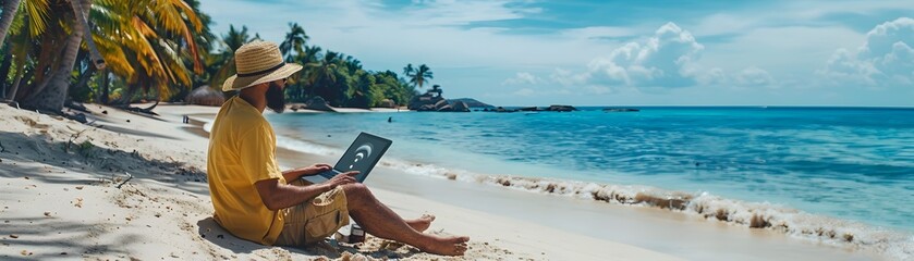 Fototapeta premium Digital Nomad Using Portable WiFi Hotspot on Remote Tropical Beach for Seamless Remote Work Connectivity