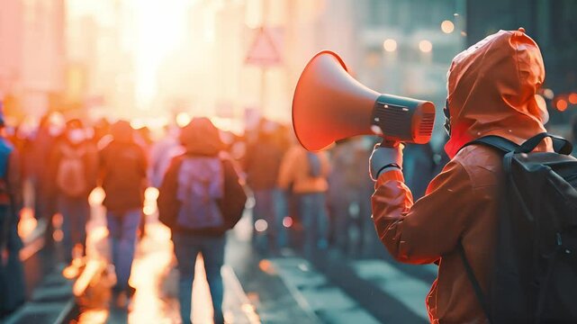 Activist protesting with megaphone during a strike with group of demonstrator all around, Protesting in the city	