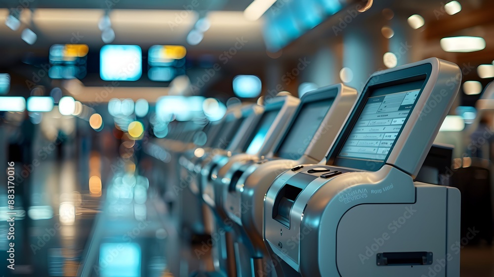 Poster automated luggage check in kiosk at airport streamlining baggage process with advanced technology