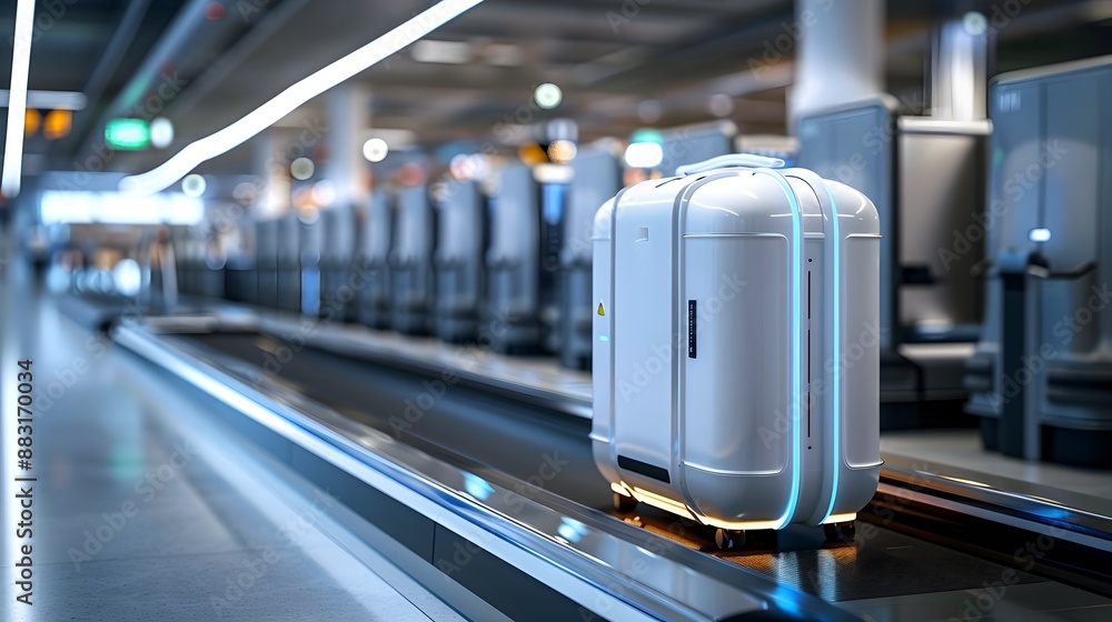 Poster automated luggage check in kiosk at airport streamlining baggage process with advanced technology