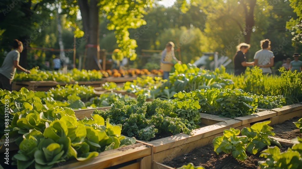 Poster community garden managed with iot sensors optimizing plant growth and water usage local residents pa