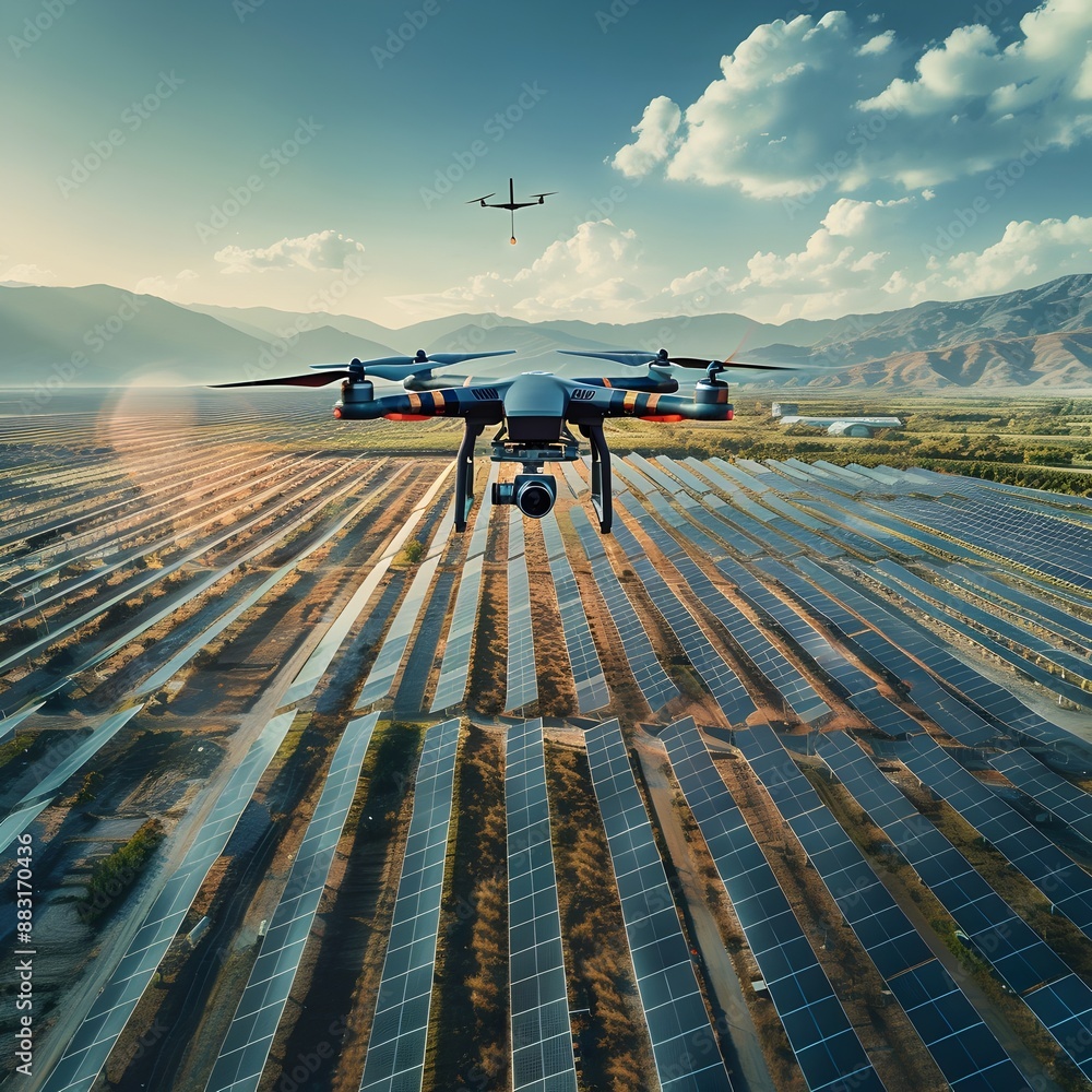 Poster automated drone monitoring solar farm for optimized energy production and resource management