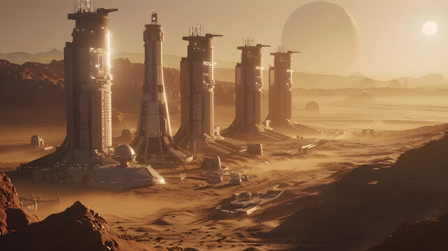 A space city or station with an expedition on the surface of Mars or  unknown planet. AI Generated