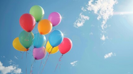 colorful helium balloons floating against blue sky joyful celebration background