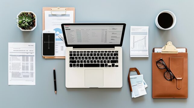 Flat lay of a desk with a laptop, documents, and office supplies.
