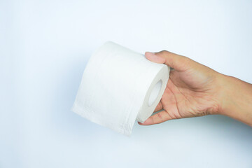 man hand with roll of toilet paper. isolated on white